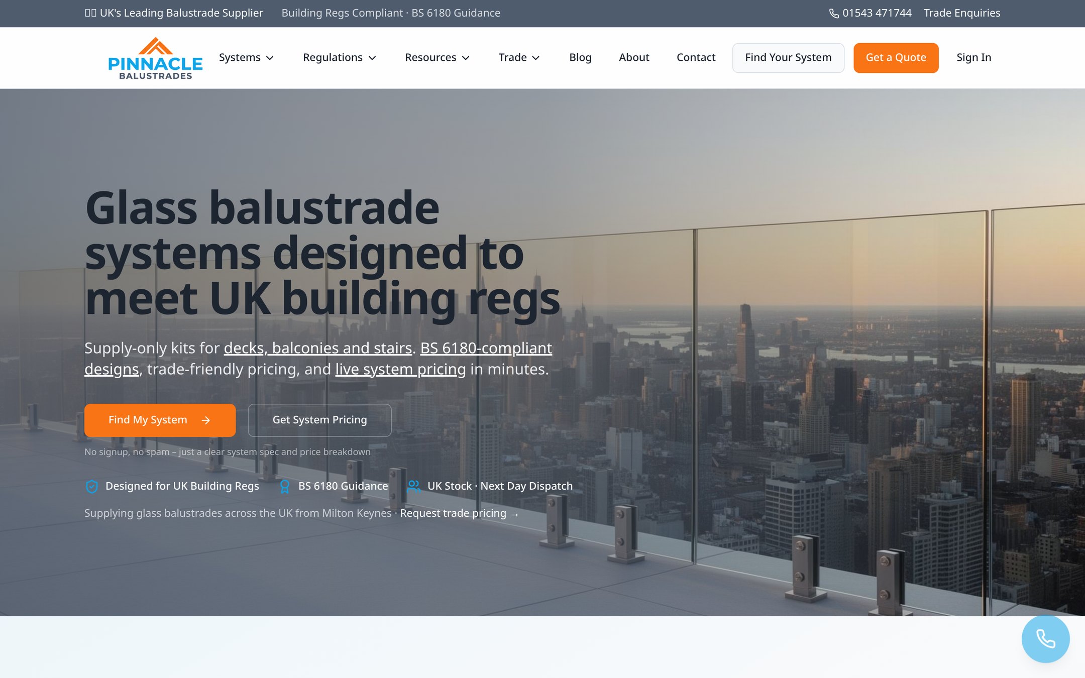 Pinnacle Balustrades homepage showing a frameless glass balustrade system