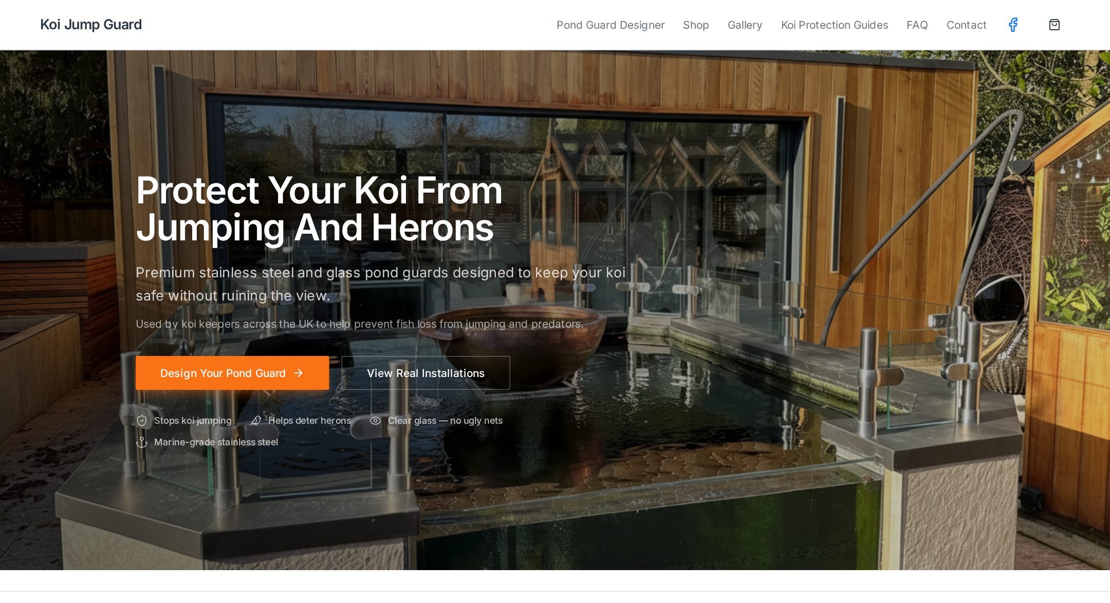 Koi Jump Guards homepage explaining the pond guard system