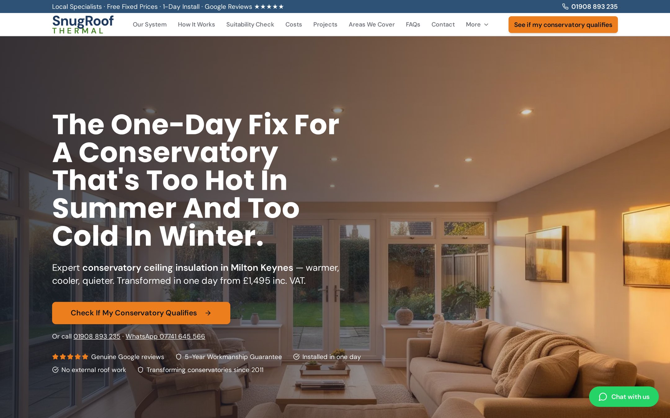 SnugRoof Thermal homepage showing an insulated conservatory ceiling